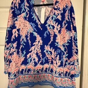 Lilly Pulitzer Coral Reef V-Neck Blouse - Blue and Pink